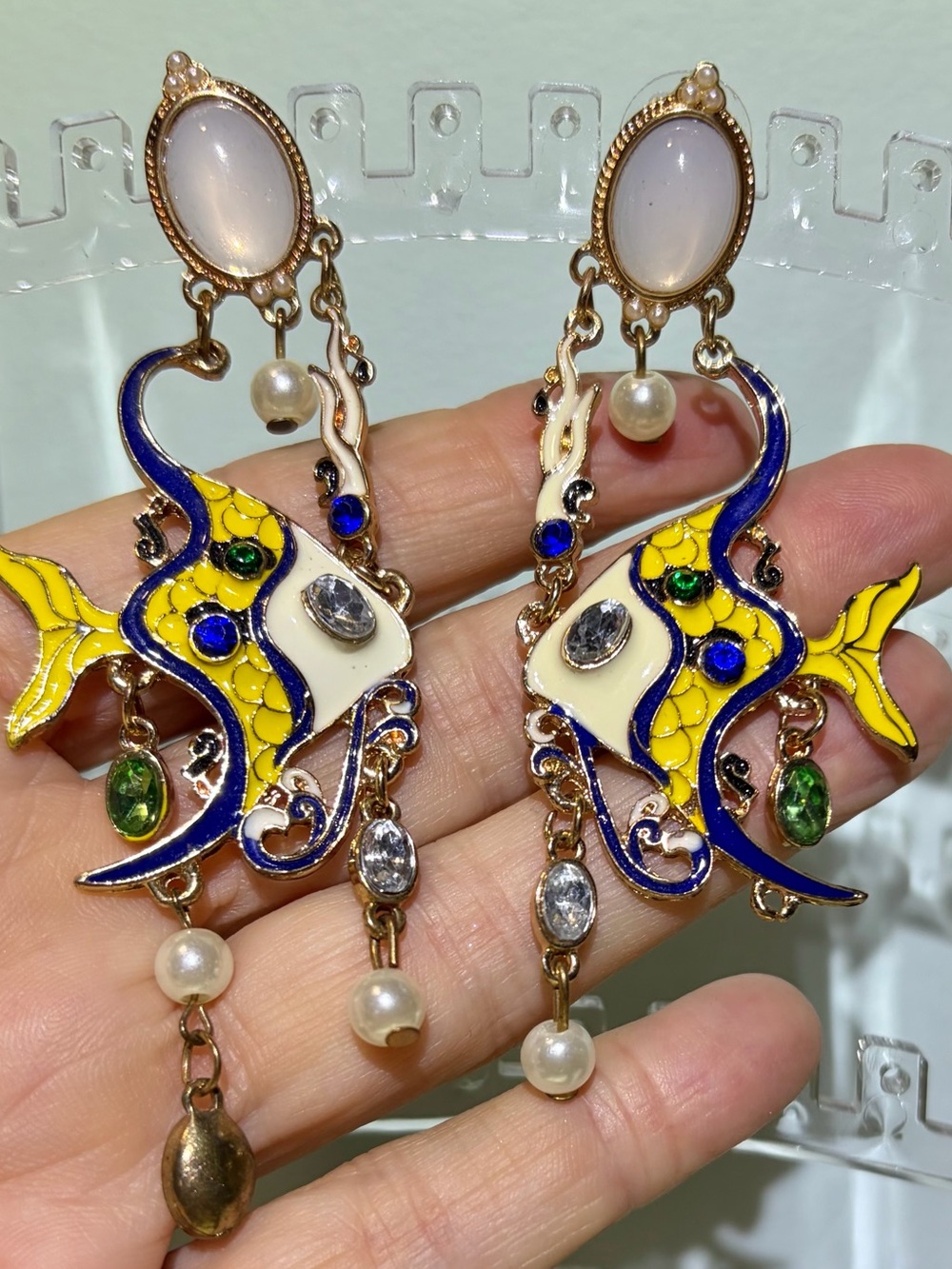 Whimsical Colorful Reef Fish Drop Chandelier Pierced Earrings with Pearl Detail